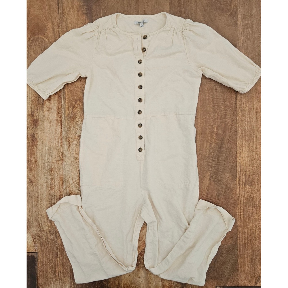 Madewell Puff-Sleeve Jumpsuit Women S Bone Tassel-Tie Linen Blend - Missing Belt